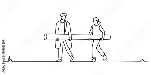Man and woman carrying a long pipe together