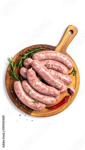 Pile of raw sausages with herbs and chili pepper on a wooden board against a white background