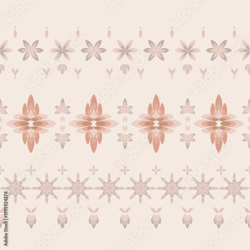 Soft Boho Floral Stripe Seamless Pattern in Blush Beige, Folk Textile Border Background for Fabric Wallpaper

