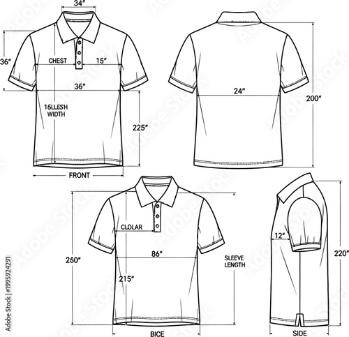 Polo shirt technical drawing with measurements mockup