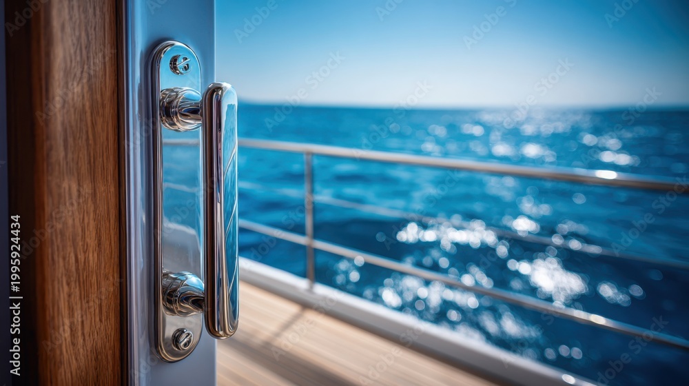 Fototapeta premium Open Cabin Door Revealing Luxury Yacht Deck and Expansive Ocean Horizon