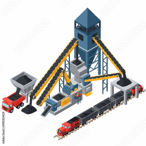 Coal processing plant with train and truck illustration.