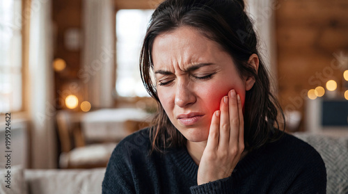 Woman holding cheek showing toothache discomfort and pain concept. Woman experiencing pain on her face and feeling discomfort.
