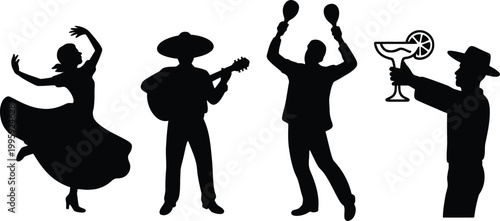 Mexican Fiesta Silhouettes with Dancer Musician and Cocktail