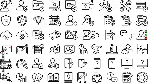 Technical support service line icon set with troubleshooting security communication system maintenance editable outline vector collection for helpdesk solutions