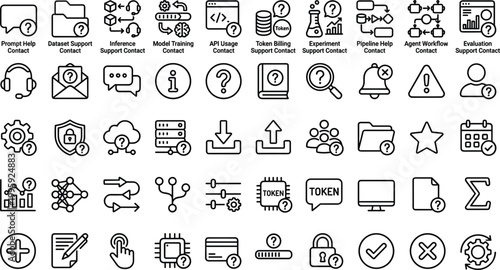 AI developer support line icon set with dataset inference API token pipeline workflow evaluation editable outline vector collection