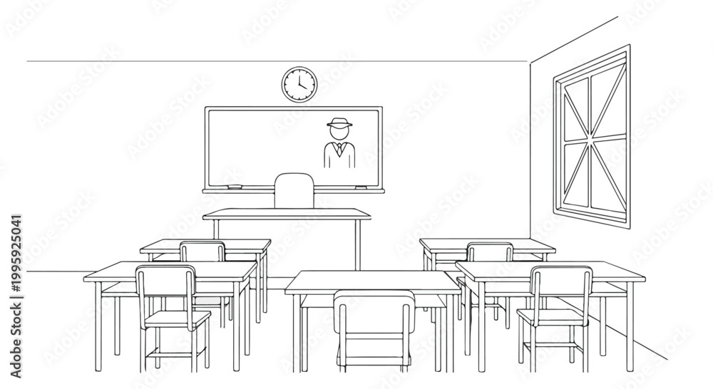 Fototapeta premium Empty Classroom Interior Outline Vector Illustration