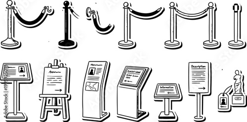 Museum gallery rope barrier stanchion icon set. Exhibit information sign stand, flat and hand-drawn, doodle-style.
