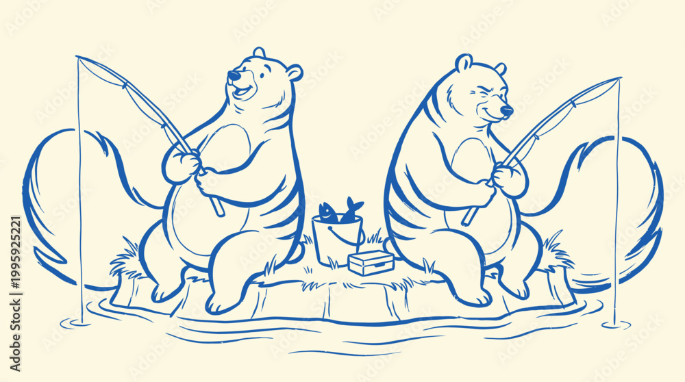 Naklejka premium Anthropomorphic bears fishing on an ice floe for winter recreation and wildlife storytelling concepts