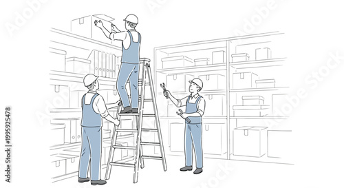 Warehouse Workers Organizing Boxes on Shelves Vector Illustration