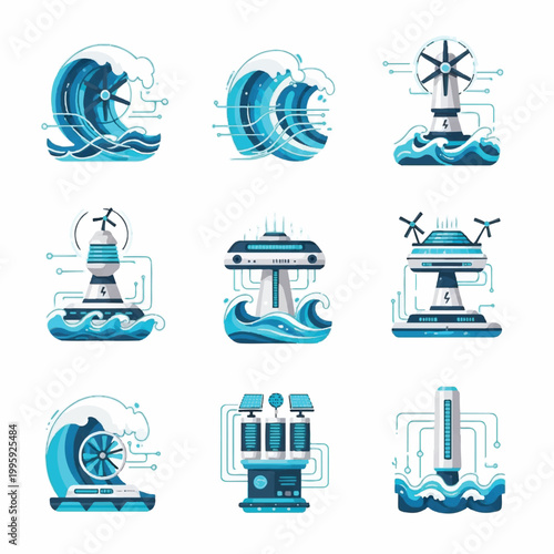 Renewable energy technology icons featuring turbines and machinery in water