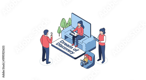 Isometric Illustration of People Interacting with Digital Technology and Devices.