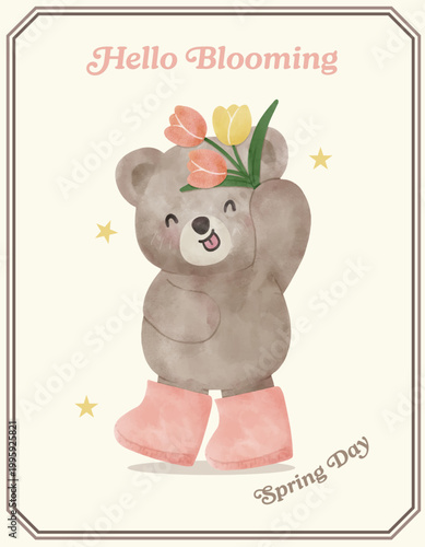 Spring Bear Coquette Joyful with Tulip flowers bouquet and boots in Spring Garden Nature Theme illustration