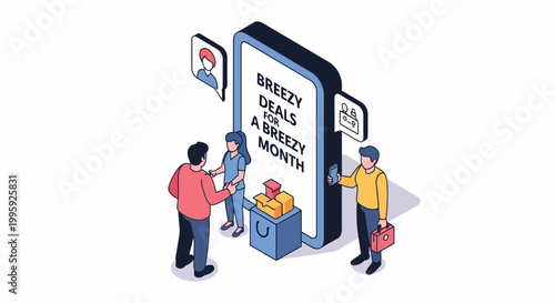 Isometric illustration of people interacting with a mobile phone screen displaying deals.