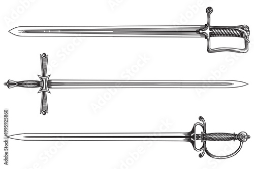 Collection of original medieval and victorian 19 century swords, blades and saber. Hand drawn engraving in traditional linear ink style.