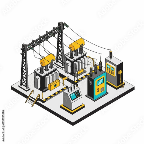 Electrical substation with transformers and power lines isometric illustration.