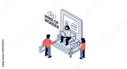 Isometric illustration of people interacting with a person on a throne.