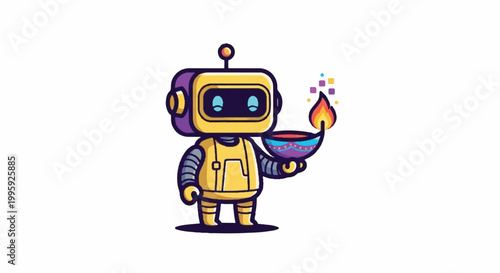 A robot character holding a bowl with fire and colorful sparks Illustration