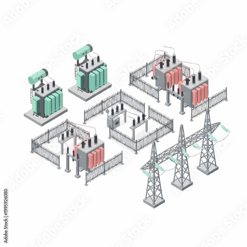 Electrical substation with transformers and power lines isometric view.