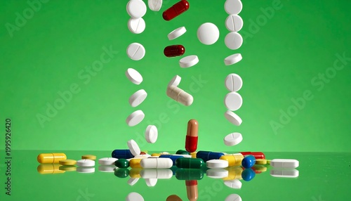 Pills and capsules falling onto a reflective green surface in a medical or pharmaceutical context