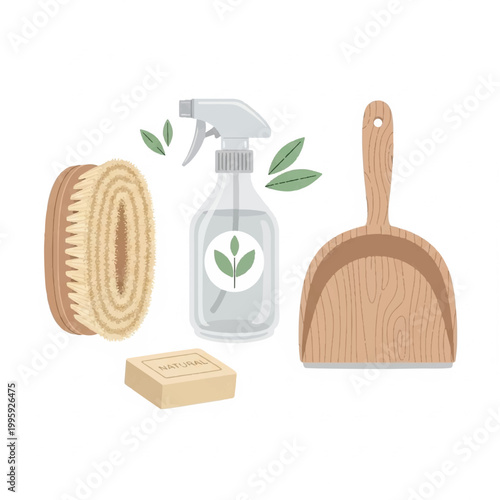 Cleaning tools and supplies arranged on a surface for use.