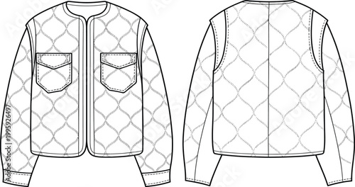 Flat vector line drawing quilted jacket illustration, fashion garment design sketch