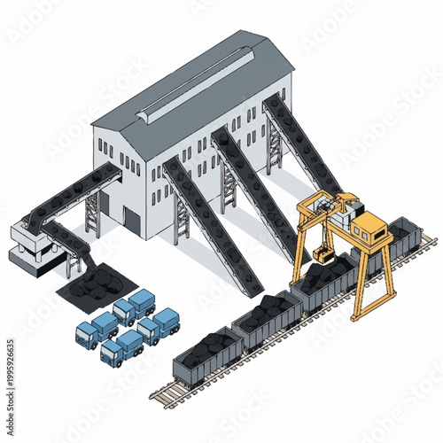 Industrial coal processing plant with trains and trucks.