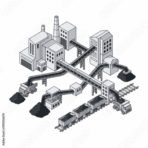 Industrial coal processing plant with trucks and trains.