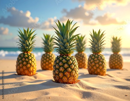 Pineapples on a sandy beach at sunrise