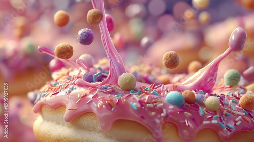 Pink glaze splashing on sweet donut with colorful sprinkle. Macro food view of dessert cooking process. Baking production and bakery advertising concept. Delicious snack background.