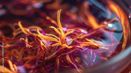 Saffron threads soaking in water. Close-up of spice petals in bowl for infusion, cooking, or natural medicine. Culinary ingredient for aesthetic food preparation and healthy kitchen concept.