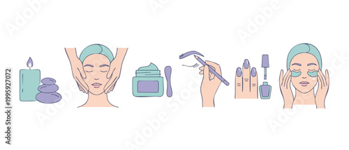 Beauty Spa Treatment Icons Set, Skincare Routine Line Art Illustrations, Facial Massage and Manicure Elements for Wellness Branding, Professional Cosmetic Procedures and Self Care Concepts, Vector Iso