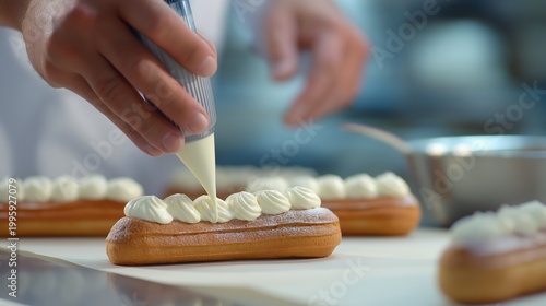 Pastry chef squeezing cream on eclair with piping bag. Baker decorating fresh baked dessert in professional kitchen. Culinary art, food preparation and confectionery creation process.