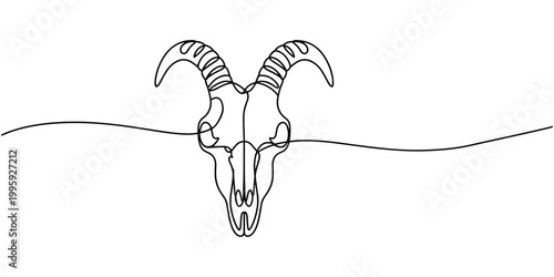 Continuous one line drawing of goats skull mystical concept icon in silhouette on a white background. Linear stylized, Bull Head Black and White Square Icon, Bull Head Black and White Square Icon