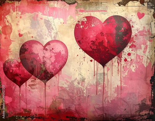 Pink & red hearts float against a grungy, textured, and stained backdrop. Watercolor & abstract paint enhance the scene