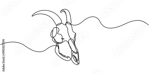 Continuous one line drawing of goats skull mystical concept icon in silhouette on a white background. Linear stylized, Bull Head Black and White Square Icon, Bull Head Black and White Square Icon