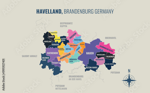 A map showing Havelland BB Kreise into Gemeinden in a minimalist colorful style