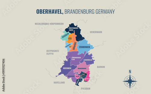 A map showing Oberhavel BB Kreise into Gemeinden in a minimalist colorful style