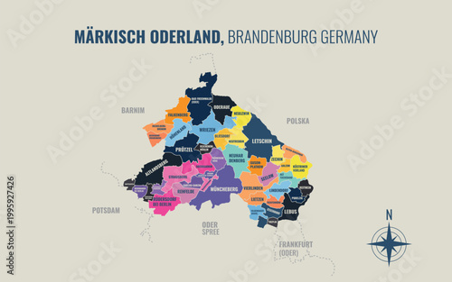 A map showing Märkisch Oderland BB Kreise into Gemeinden in a minimalist colorful style