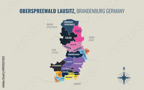 A map showing Oberspreewald Lausitz BB Kreise into Gemeinden in a minimalist colorful style