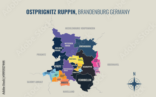 A map showing Ostprignitz Ruppin BB Kreise into Gemeinden in a minimalist colorful style