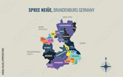 A map showing Spree NeiÜe BB Kreise into Gemeinden in a minimalist colorful style