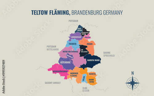 A map showing Teltow Fläming BB Kreise into Gemeinden in a minimalist colorful style