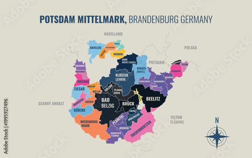 A map showing Potsdam Mittelmark BB Kreise into Gemeinden in a minimalist colorful style