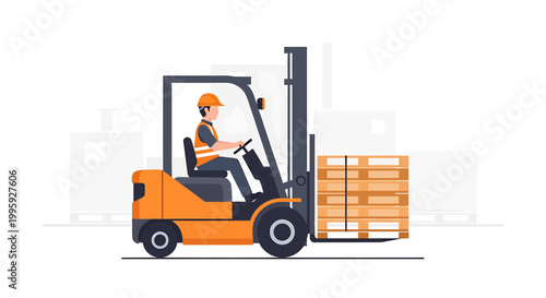 Forklift driver loading wooden pallets in a warehouse, logistics and delivery concept