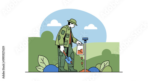Gardener collecting soil sample for analysis in a lush green garden