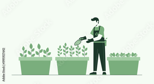 Gardener Tending to Plants in Raised Beds, Sustainable Urban Gardening