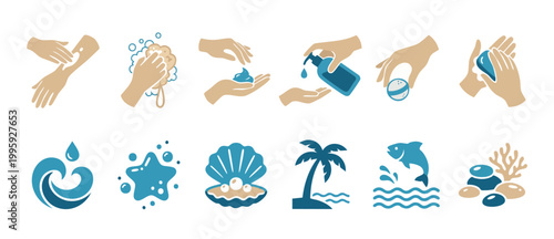 Skin Care and Spa Icons Set, Hand Hygiene and Natural Elements for Wellness and Beauty Treatment Vector Illustration, Minimalist Graphic Design Symbols for Dermatology and Beach Vacation Concepts.