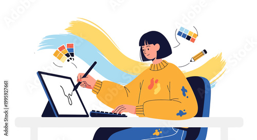 Graphic designer creating digital art on tablet with color palettes and stylus