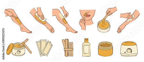 Hair Removal Waxing Process Icons Set, Body Care Depilation Techniques, Professional Sugaring and Wax Warmer Equipment for Salon Beauty Treatment, Smooth Skin Routine Vector Illustration Collection